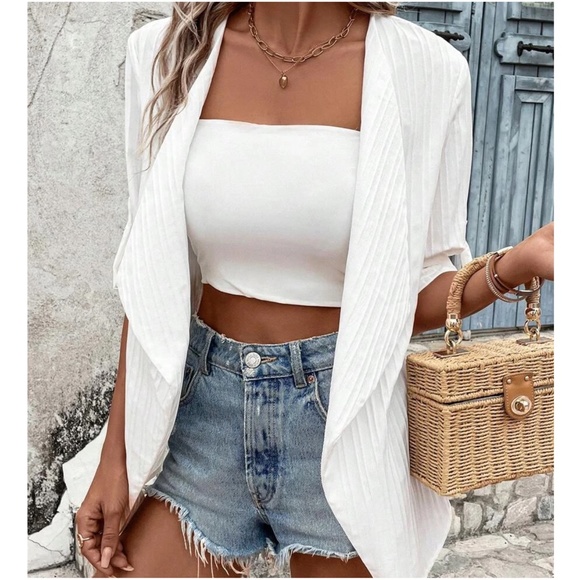 Ribbed Open front Cuffed Sleeve Blazer Jacket - Picture 12 of 13